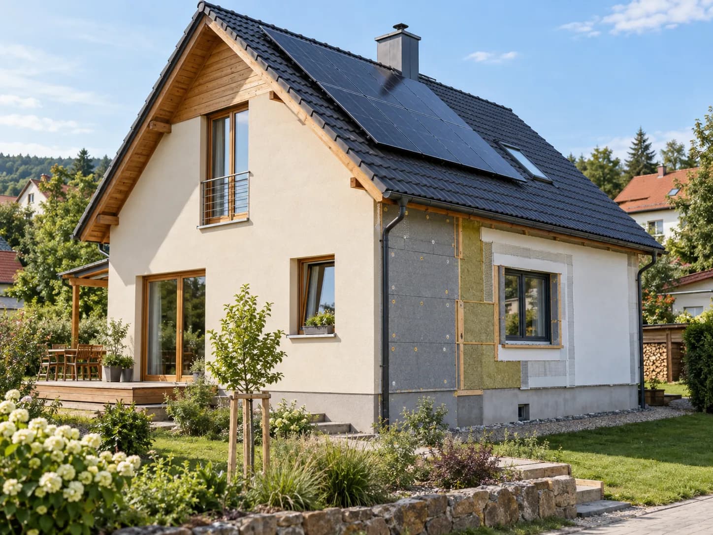 Rodinný dům se solárními panely na střeše a částečně zateplenou fasádou